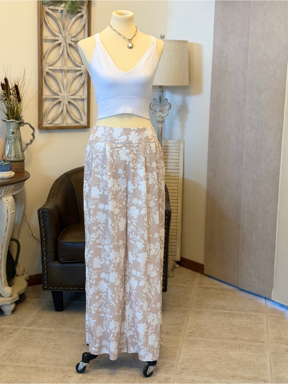Beige Floral Wide-Leg Pants